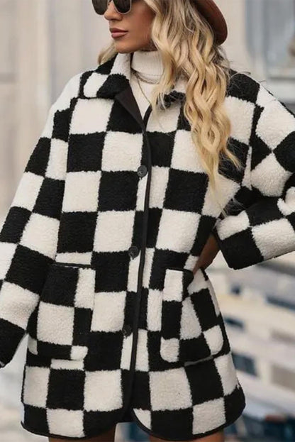 Black Checkered Side Pockets Collared Buttoned Fleece Jacket