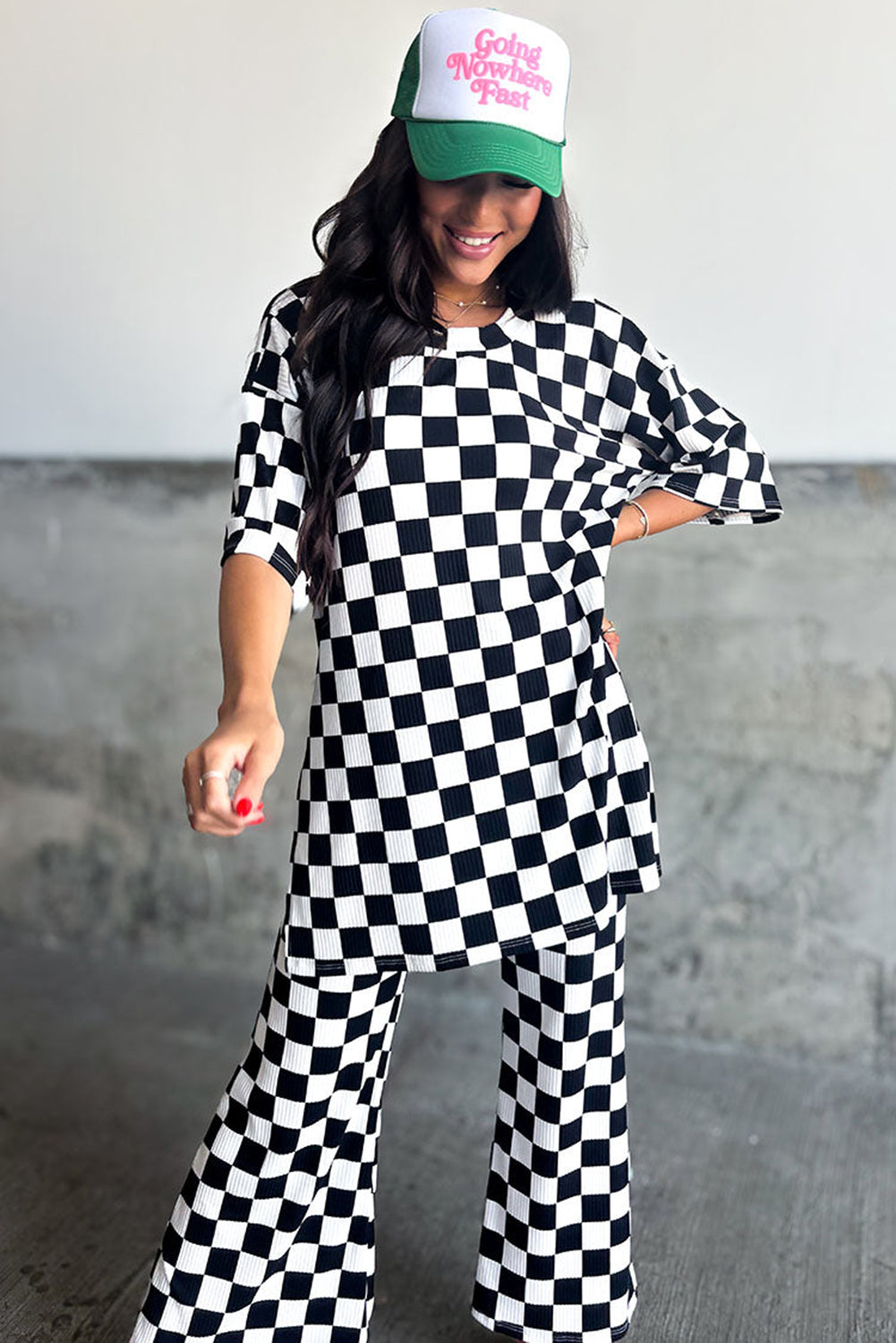 Black Checkered Print Half Sleeve Tunic Top and Flared Pants Set