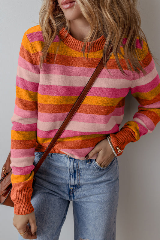 Orange Color Block Ribbed Edge Round Neck Sweater