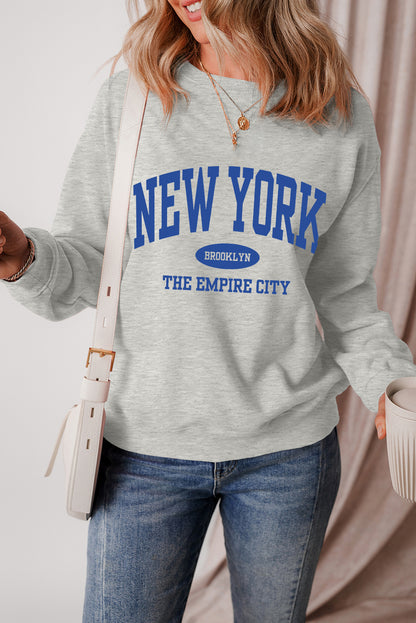 Gray NEW YORK Letter Printed Round Neck Pullover Sweatshirt