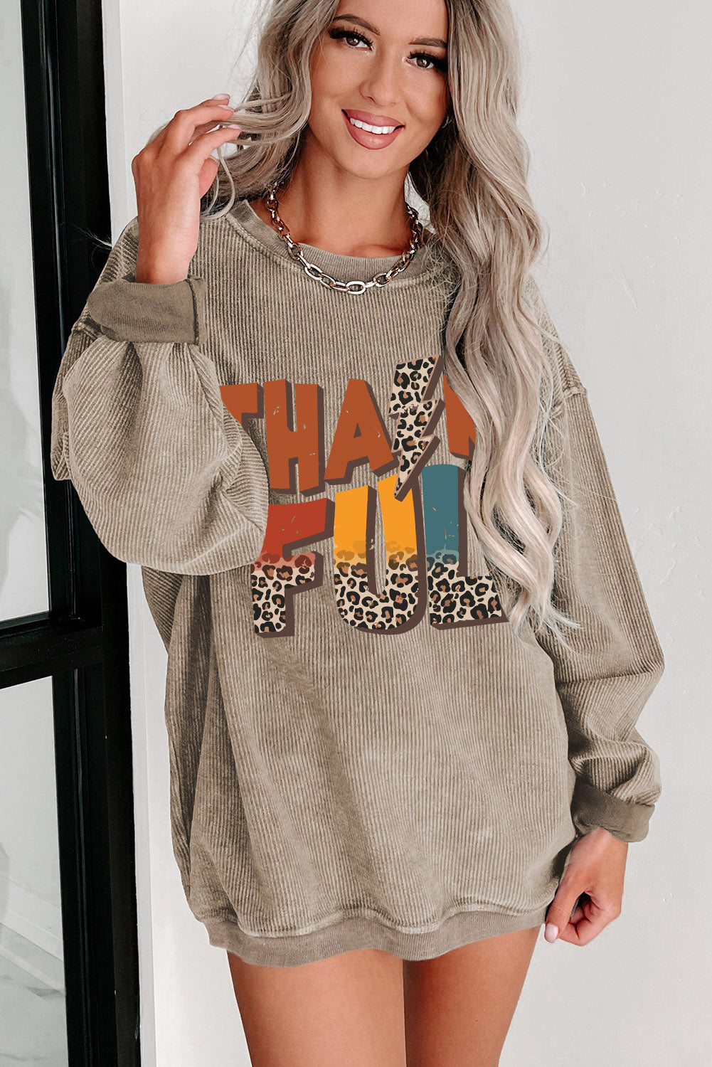 Khaki Leopard THANKFUL Graphic Corded Thanksgiving Sweatshirt