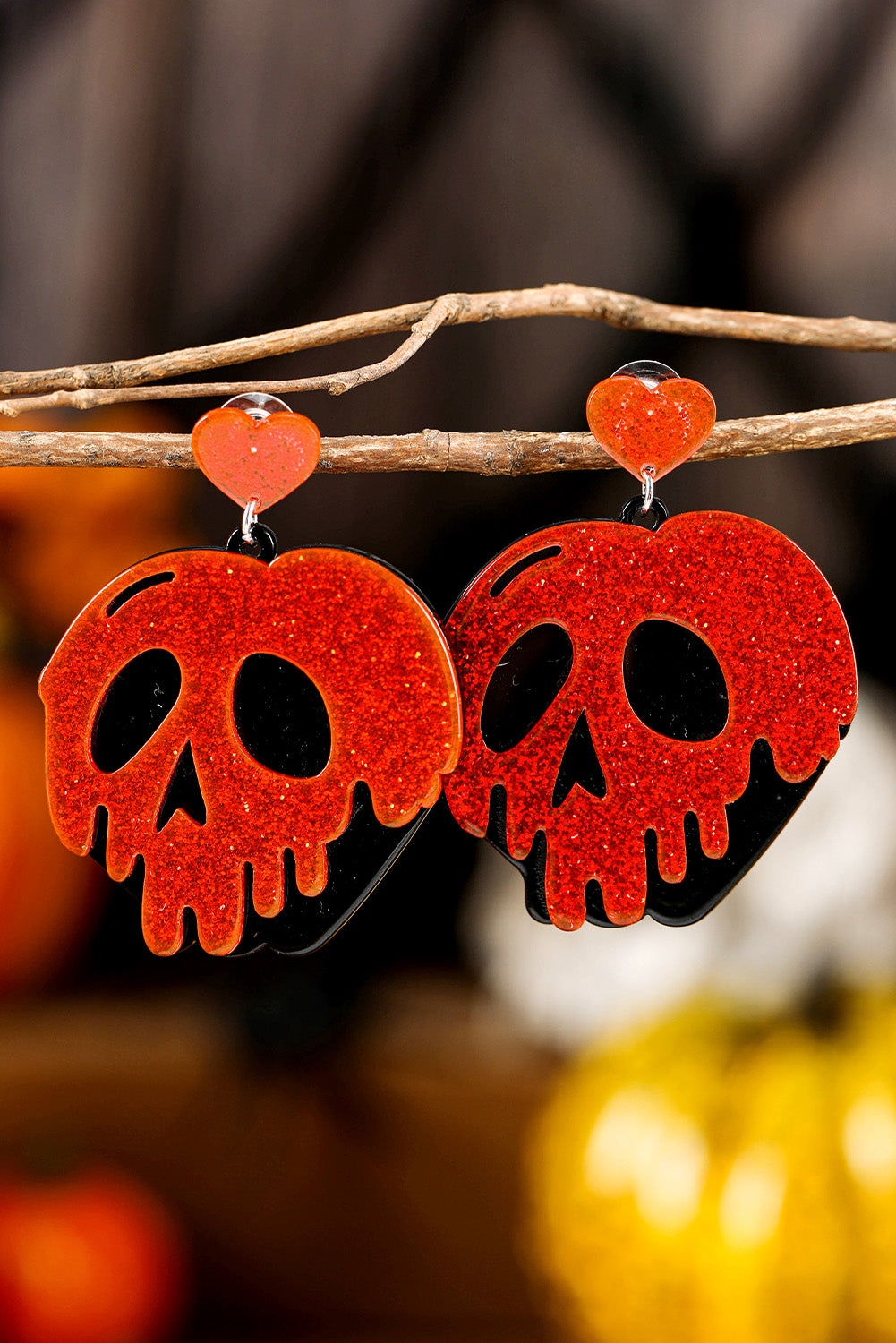 Fiery Red Halloween Skull Heart Shape Acrylic Stud Earrings