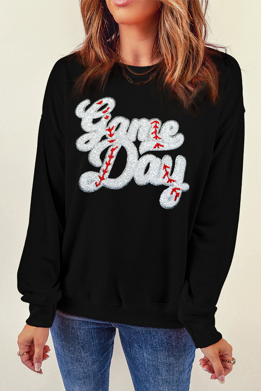 Black Sequined Game Day Graphic Crew Neck  Sweatshirt