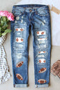 Sky Blue Sequin Rugby Football Patchwork Distressed Straight Leg Jeans