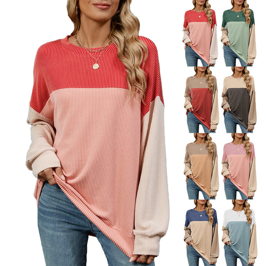 Fashion Contrast-color Round Neck Long Sleeve T-shirt Casual Pullover Top For Womens Clothing