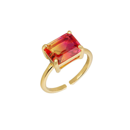 Retro Original Design Gradient Color Square Large Zircon Ring Electroplated 18K Gold Open Copper Ring