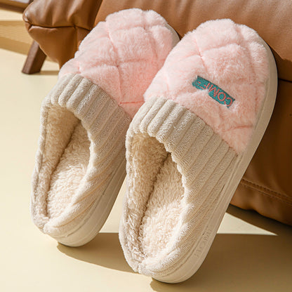 Solid Plush Home Slippers - Winter Warm Non-Slip House Shoes for Couples