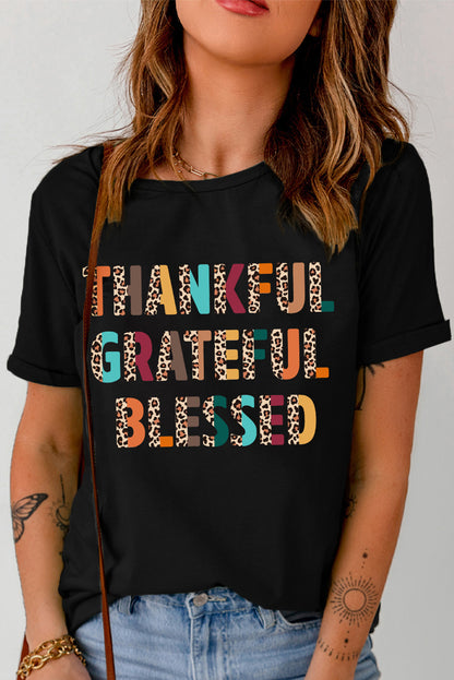 Black Thankful Grateful Blessed Leopard Print Crewneck T Shirt