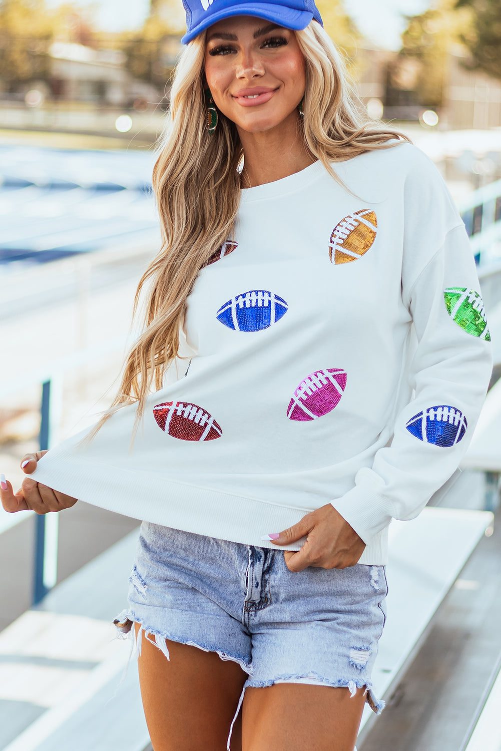 Beige Sequined Rugby Football Pattern O Neck Game Day Sweatshirt