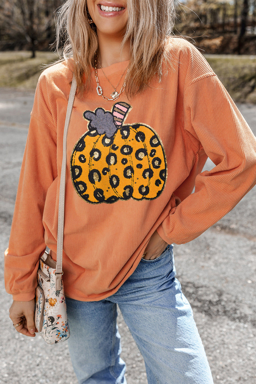 Orange Halloween Leopard Pumpkin Patchwork Ribbed Sweatshirt