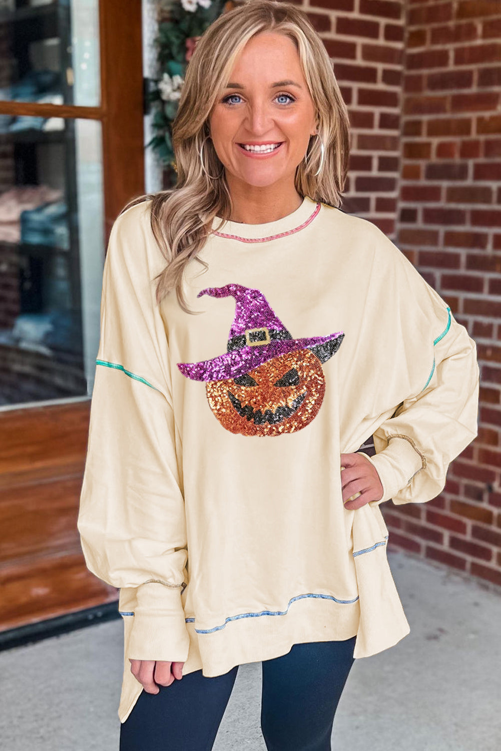 Black Glittering Pumpkin Wizard Graphic Exposed Seam Side Split Halloween Sweatshirt