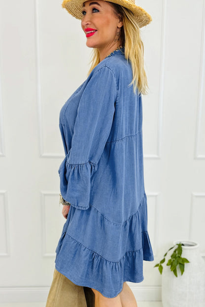 Black Chambray Ruffled 3/4 Sleeve Tiered Split V Neck Mini Dress