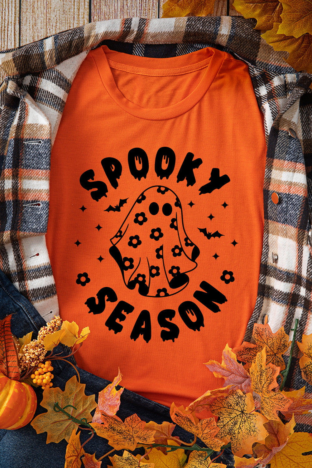 Orange SPOOKY SEASON Ghost Print Crew Neck Halloween Tee