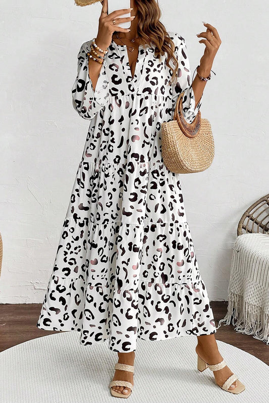 White Leopard Print Notch V Neck Loose Fit Maxi Dress