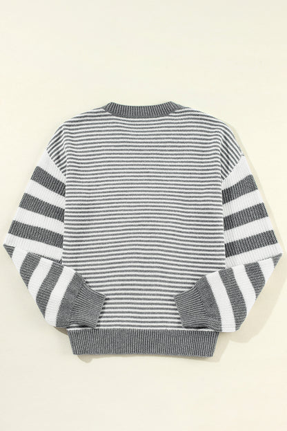 Red Stripe Geometric Textured Drop Shoulder Sweater