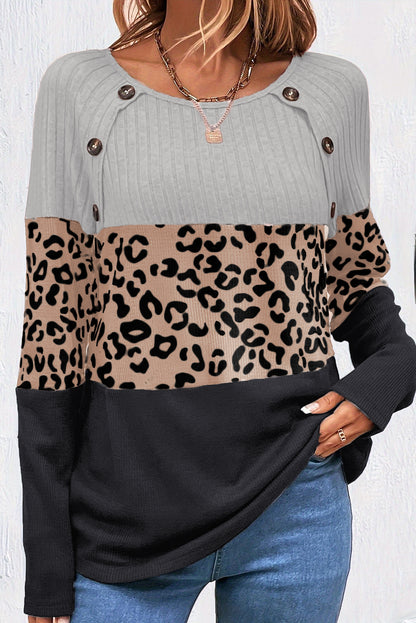 Black Cheetah Textured Patchwork Buttoned Round Neck T Shirt