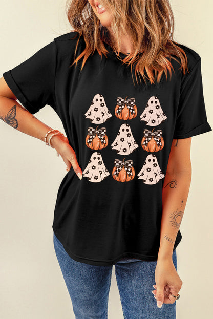 Black Halloween Ghost Pumpkin Print Crew Neck T Shirt