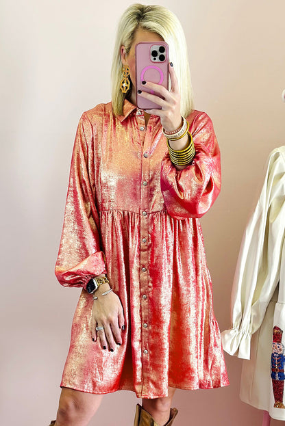 Apricot Metallic Sheen Puff Sleeve Button Up Mini Shirt Dress