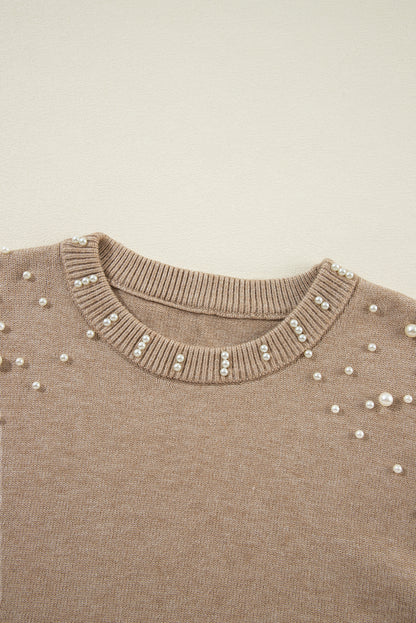 Black Pearled Drop Shoulder Round Neck Sweater