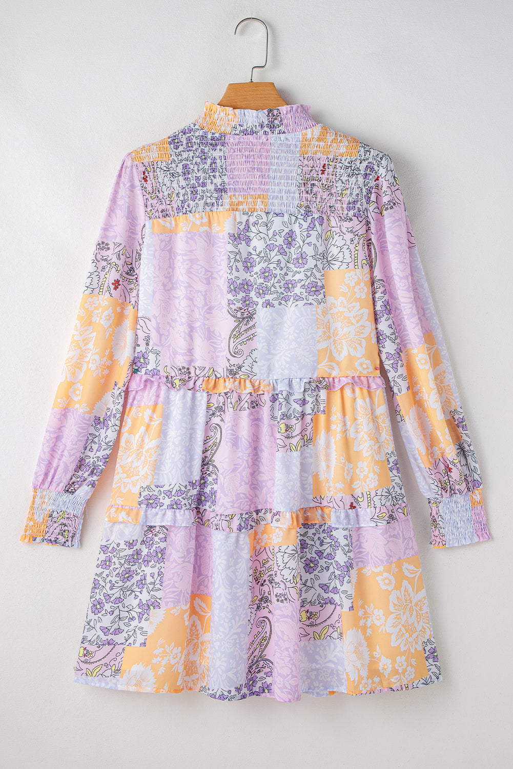 Multicolour Floral Smocked Mock Neck Ruffled Tiered Bubble Sleeve Dress