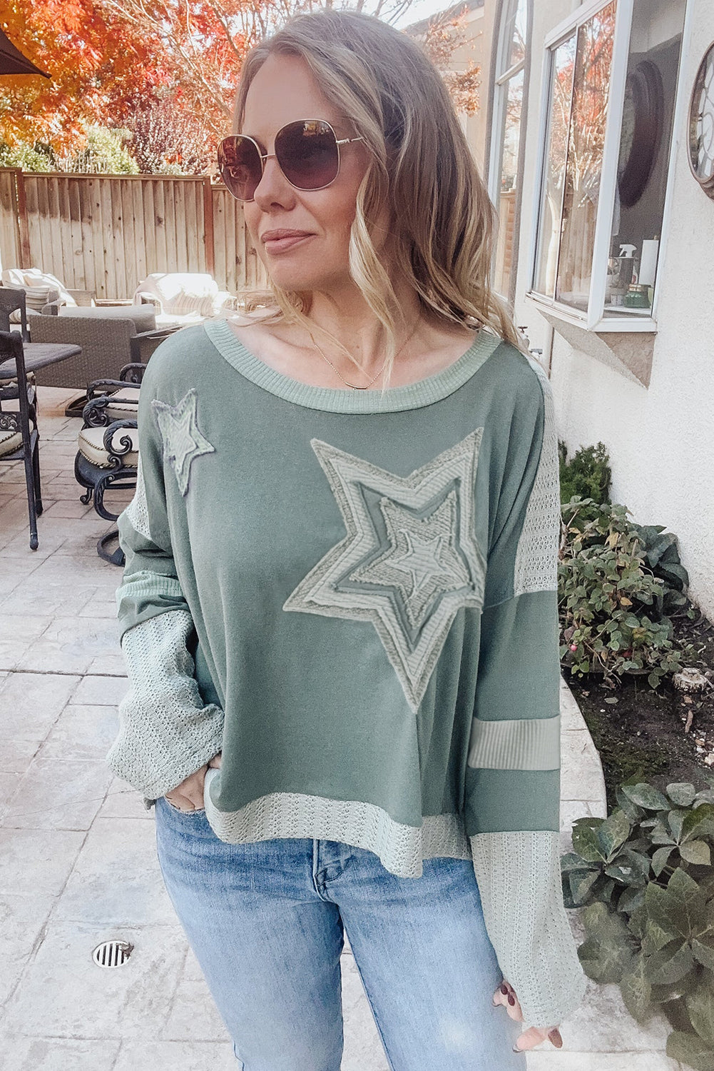 Mist Green Stars Patchwork Round Neck Plus Size T Shirt