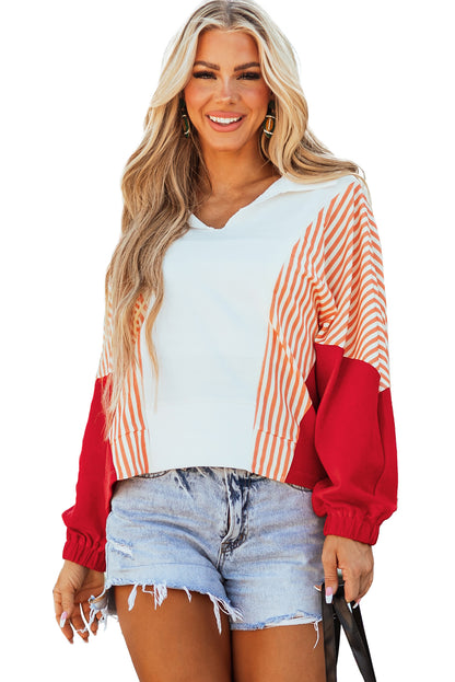 White Striped Color Block Collared V Neck Oversized Sweatshirt