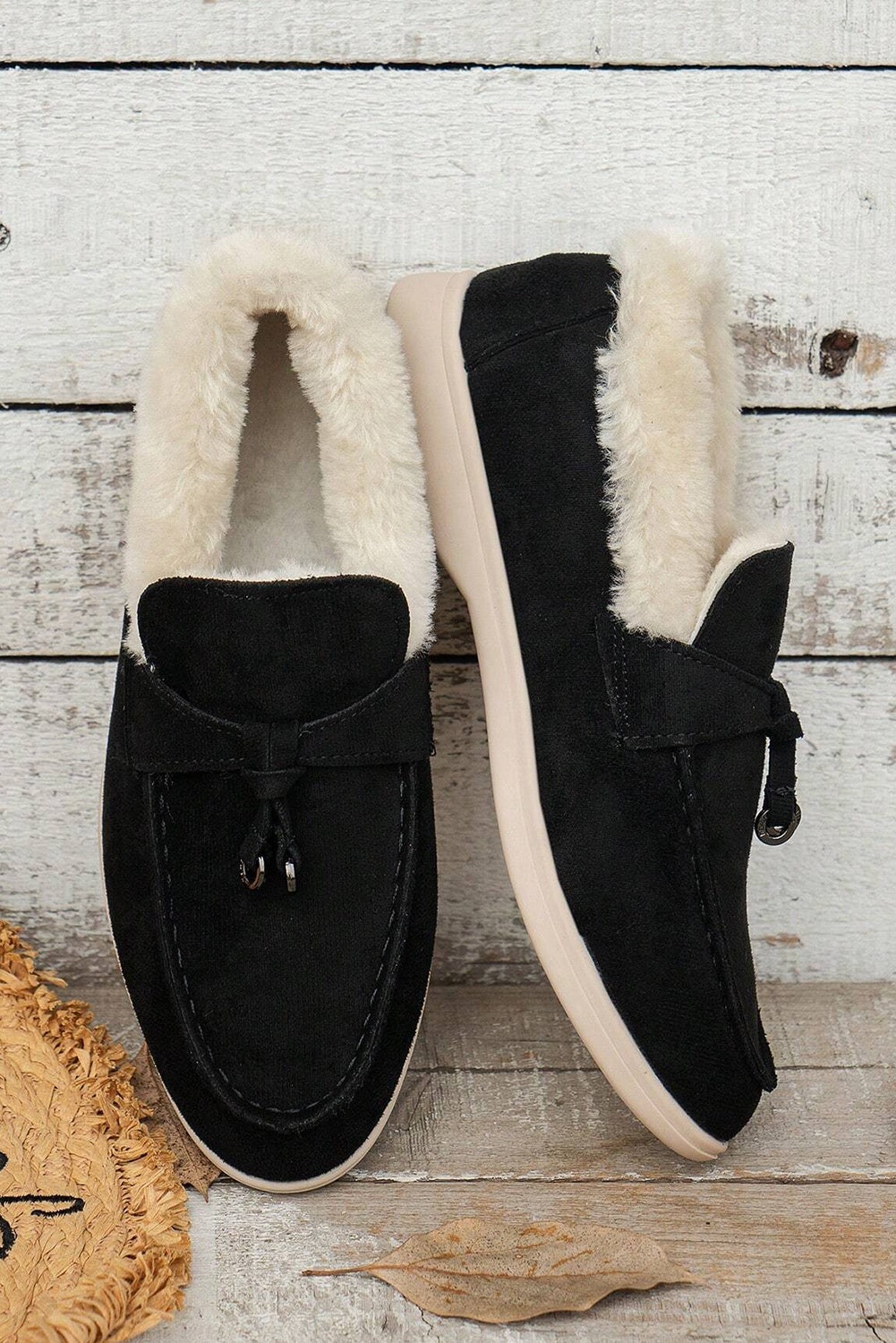 Black Suede Furry Lined Slip on Flat Shoes