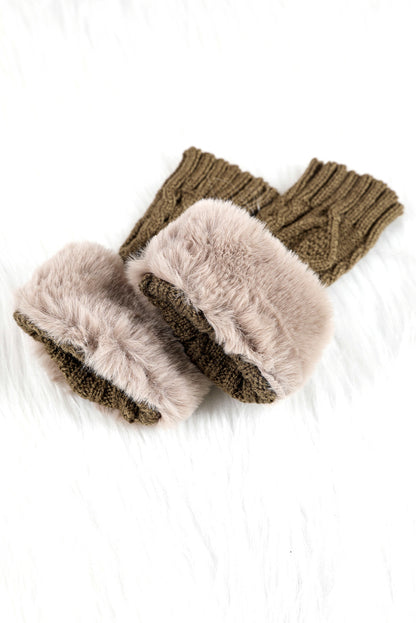 Camel Faux Fur Detail Fingerless Textured Knitted Gloves