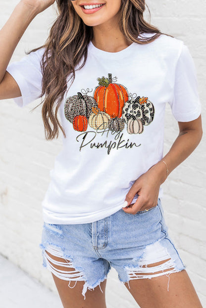 White Rhinestone Hey Pumpkin Graphic Thanksgiving Tee