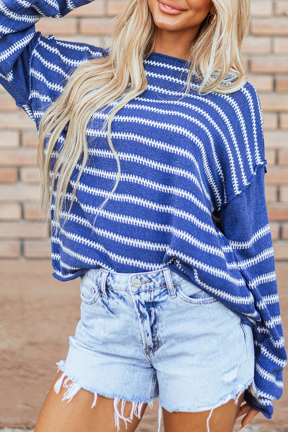 Green Stripe Drop Shoulder Casual Sweater