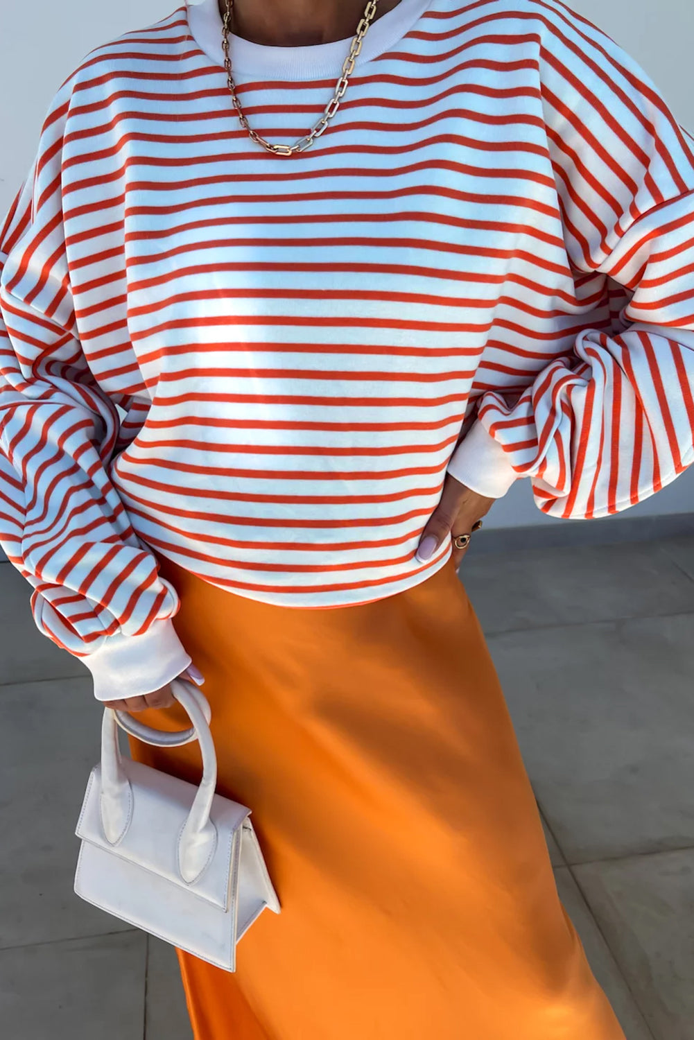 Russet Orange Drop Shoulder Crew Neck Loose Sweatshirt