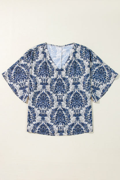 Blue Vintage Flower Tree Quarter Sleeve V Neck Blouse