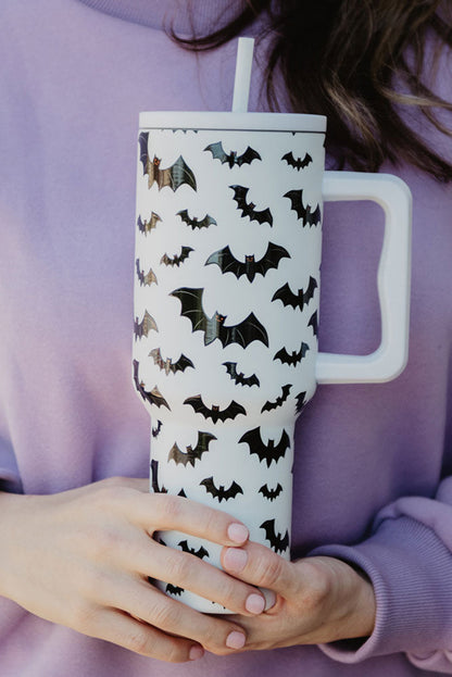 White Halloween Bat Print Handle Large Portable Cup 40 oz