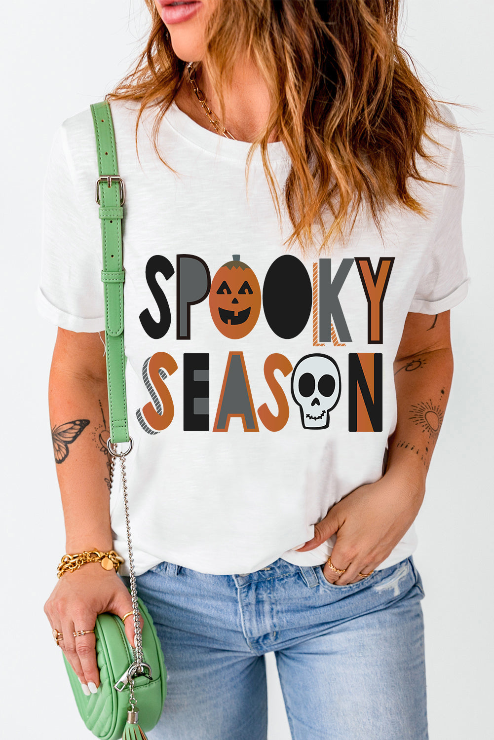 White Pumpkin Skull SPOOKY SEASON Printed Halloween T Shirt