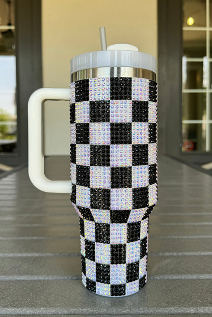 Black Full Rhinestone Checkerboard Handled Tumbler 40oz