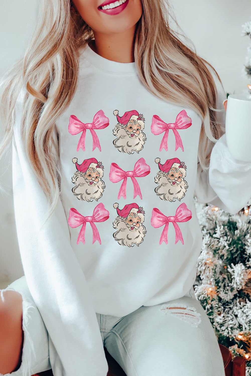 Beige Santa Claus Bowknot Pattern Christmas Sweatshirt