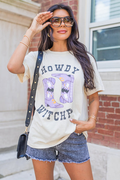 White HOWDY WITCHES Halloween Boots Crewneck T Shirt