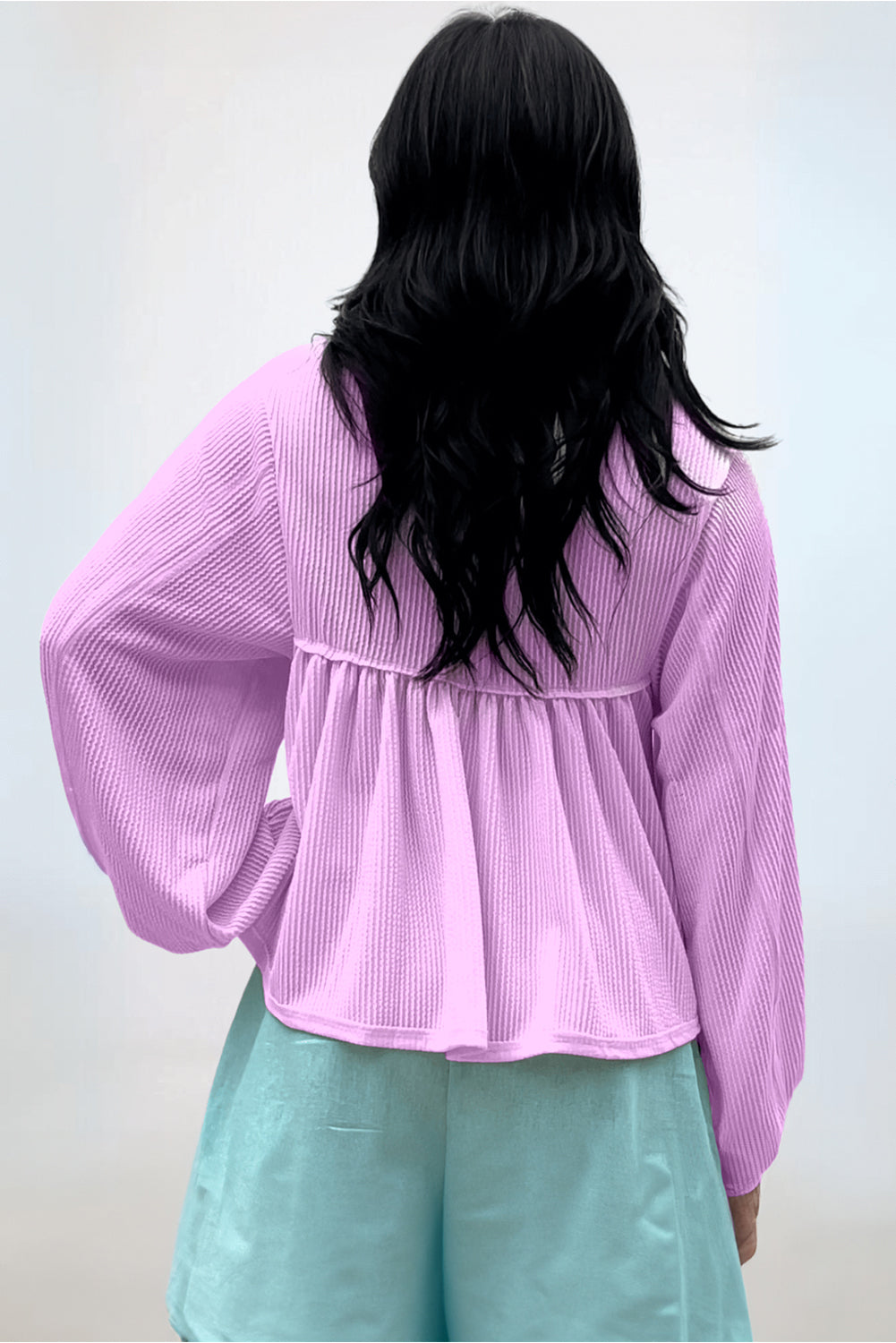 Bright Pink Corded Turn-down V Neck Bubble Sleeve Babydoll Blouse