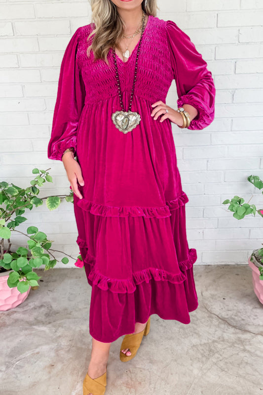 Rose Red Shirred V Neck Tiered Ruffled Velvet Plus Size Maxi Dress