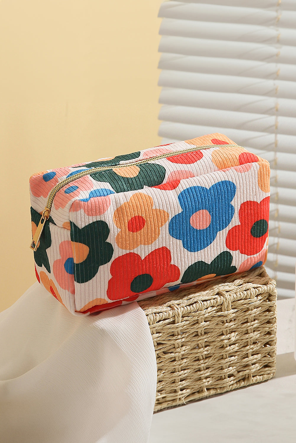 White Flower Print Zipper Square Corduroy Cosmetic Bag