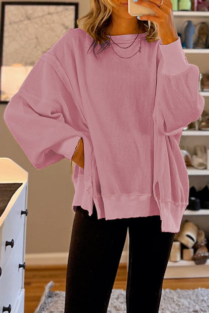 Pink Waffle Knit Bishop Sleeve Split Oversized Sweatshirt