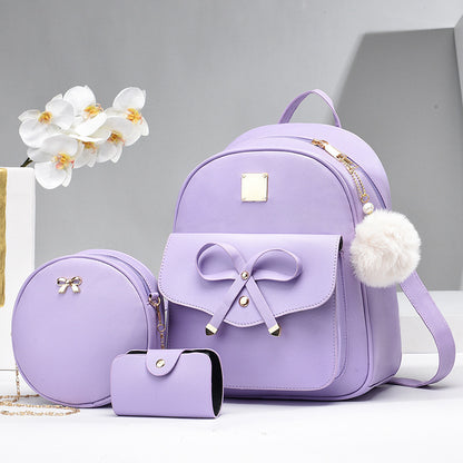 Fashion Women's Bags PU Bow Composite Bag Young Girl Student Cute Shoulders Backpack Crossbody Bags Coin Purse 3pcs Set