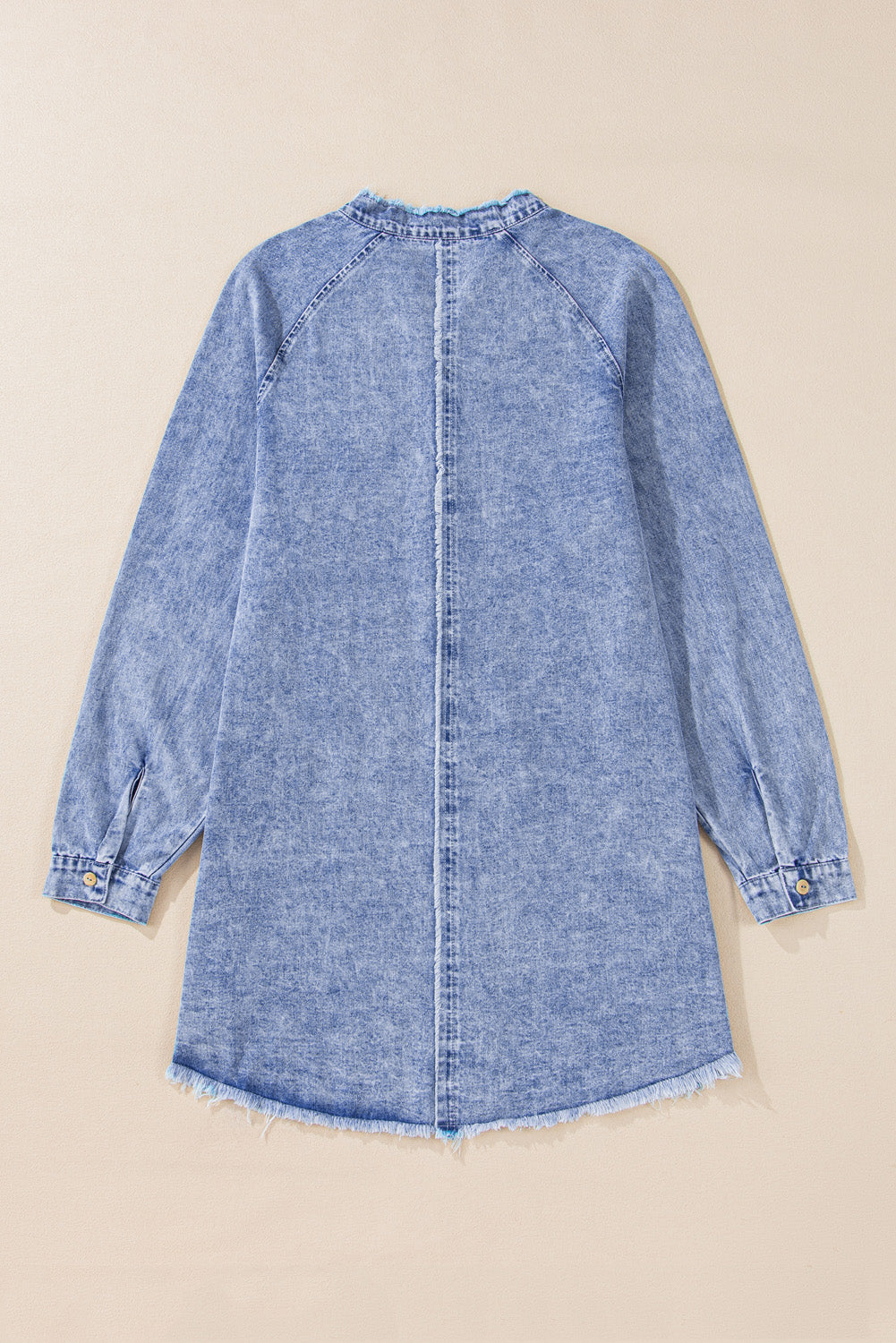 Beau Blue Mineral Wash Long Sleeve Button Up Raw Hem Pocketed Denim Dress