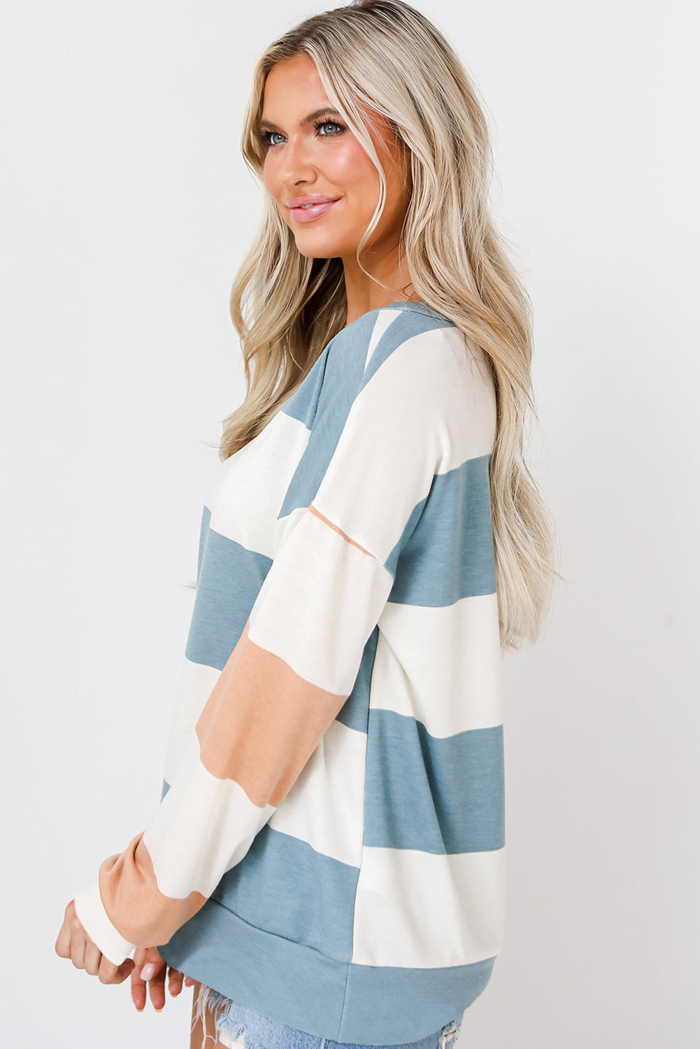 Light Blue Colorblock Striped Drop Shoulder Long Sleeve Top