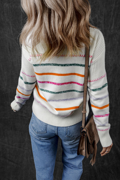 Black Colorful Striped Ribbed Trim Sweater