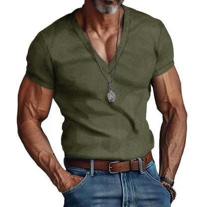 V-neck Solid Color Slim Fit Casual T-shirt Men's Top