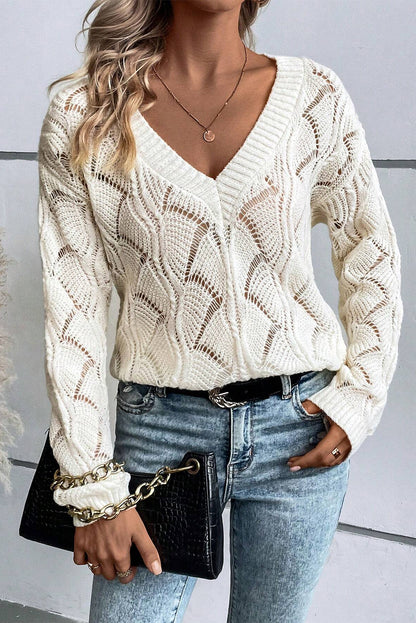 Beige Hollow Out Knit V Neck Drop Shoulder Sweater