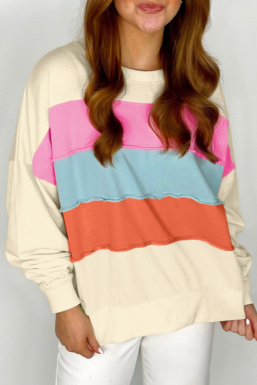 White Colorblock Patchwork Crewneck Drop Shoulder Sweatshirt