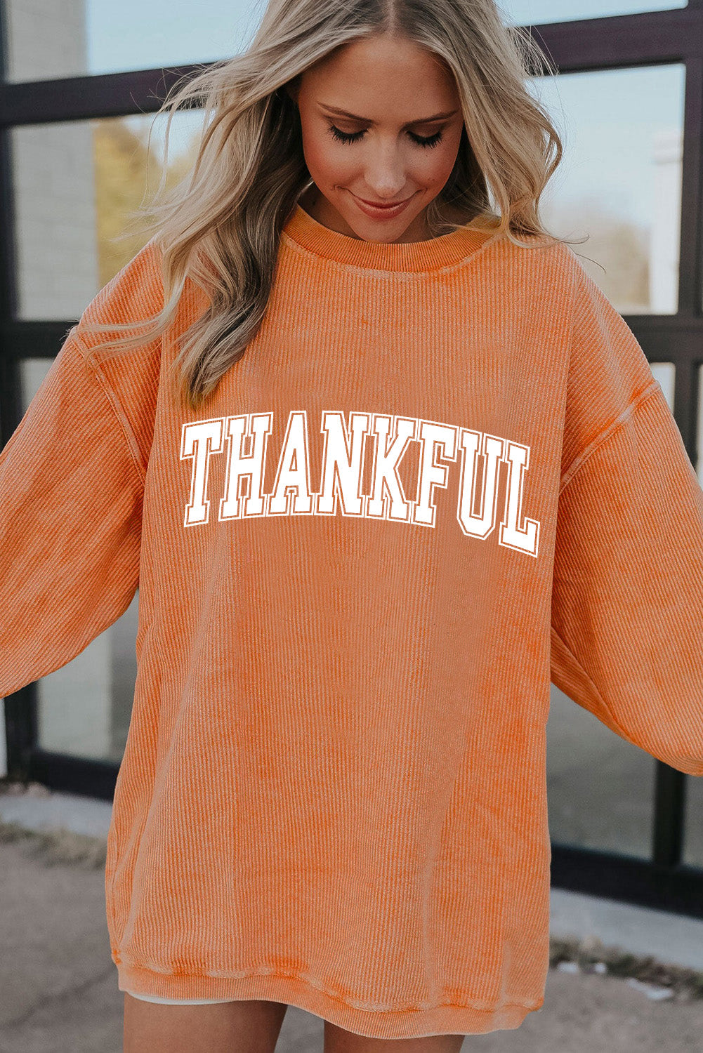 Orange THANKFUL Ribbed Crew Neck Pullover Sweatshirt