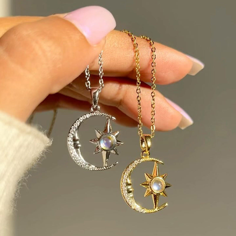 Moon Star Zircon Pendant Necklace Stainless Steel